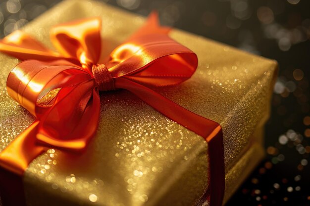 Een prachtige gouden geschenkdoos versierd met een charmante rode strik, ideaal voor elk feest of speciale gebeurtenis Een luxe gouden geschenkdoos verpakt in een glanzend rood lint AI Generated