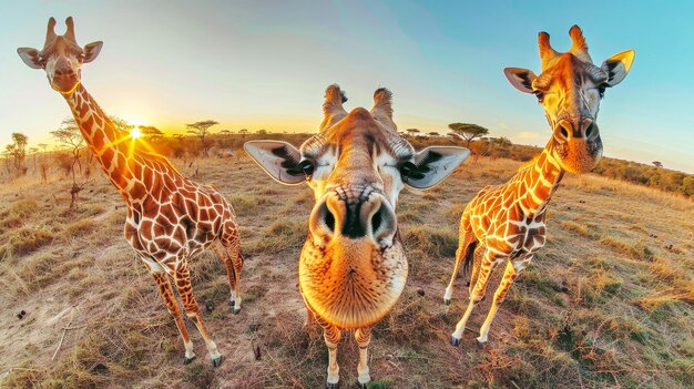 Een prachtige groep giraffen die dicht bij elkaar staan in een uitgestrekt veld met hun lange nekken en unieke gevlekte patronen