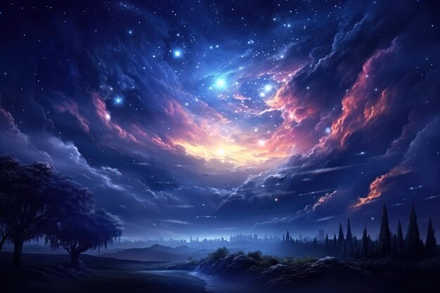 Een prachtige hemelse hemel in een droomfantasie met een heldere ster in de hemel boven de natuur.