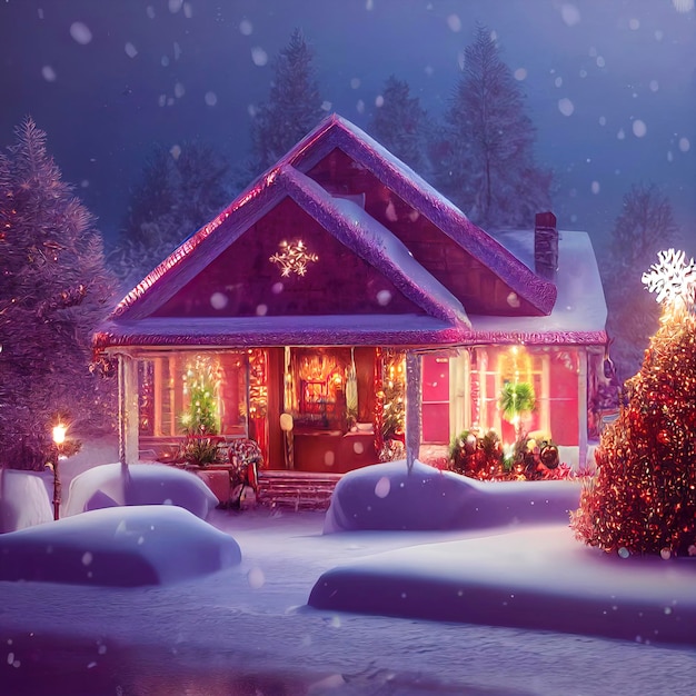 Een prachtige illustratie van een kerstscène in de buitenlucht van een kersthuis met sneeuwwinterlandschap in een dorp