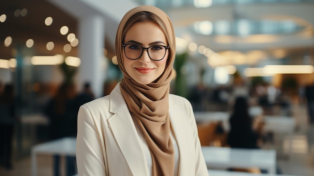 Een prachtige jonge moslimzakenvrouw, gekleed in een hijab en bril, glimlacht terwijl ze naar de camera kijkt in een moderne werkruimte