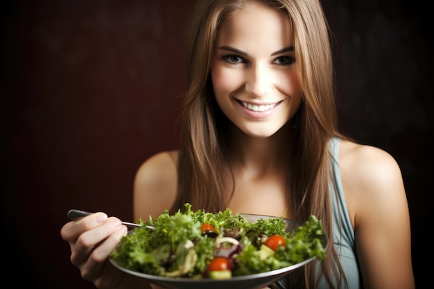 Een prachtige jonge vrouw die geniet van een salade gemaakt met generatieve AI