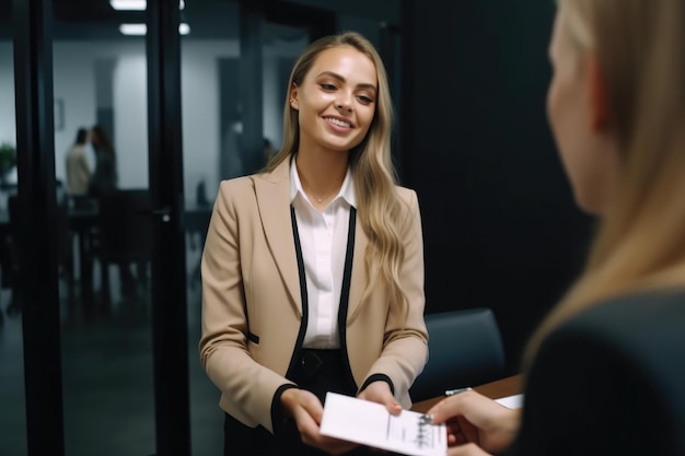 Een prachtige jonge vrouw geeft haar visitekaartje aan een wervingsmanager.