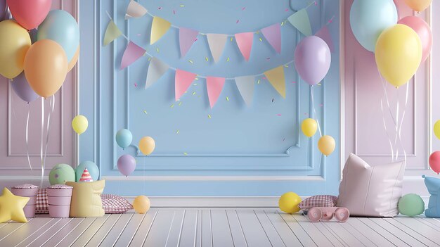 Een prachtige kinderkamer met een blauwe muur een roze vloer en kleurrijke ballonnen