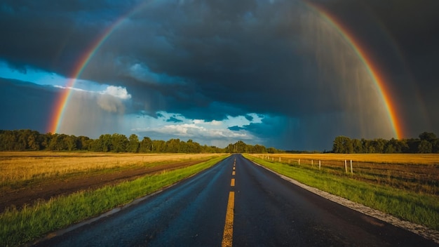 een prachtige kleurrijke regenboog tegen de achtergrond van een gevaarlijke stormachtige hemel boven een landelijke boerderij