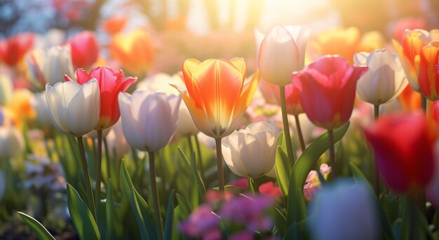 Foto een prachtige, kleurrijke tuin met tulpen in de lente