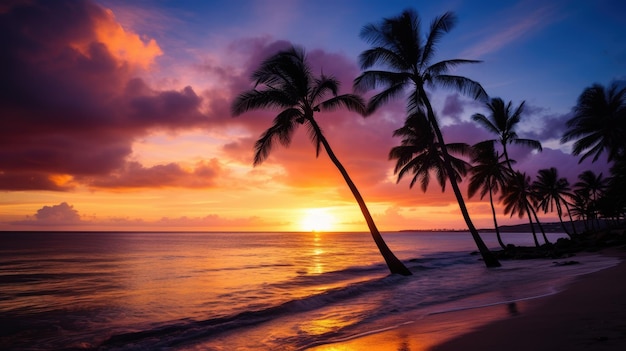 Foto een prachtige, levendige zonsondergang over een tropisch strand met kokospalmen.