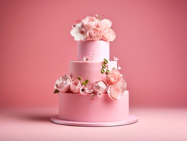 Een prachtige, met bloemen versierde taart met meerdere lagen.