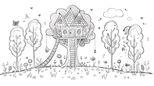 Een prachtige met de hand getekende illustratie van een boomhut in een bos