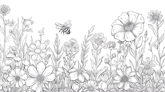 Een prachtige met de hand getekende illustratie van een weide vol bloemen en een bij Het perfecte beeld voor een voorjaars- of zomerthema project
