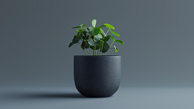 Een prachtige minimalistische stilleven afbeelding van een plant in een pot op een vaste achtergrond De plant heeft ronde groene bladeren en de pot is zwart