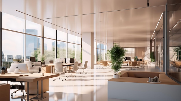 Een prachtige moderne ruime kantoorzaal met panoramische ramen en een perspectief