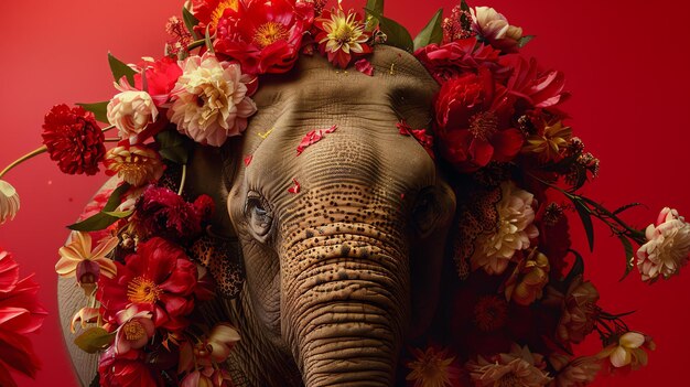 Een prachtige olifant staat in een veld van bloemen de olifant draagt een kroon van rode en roze bloemen de achtergrond is een dieprode