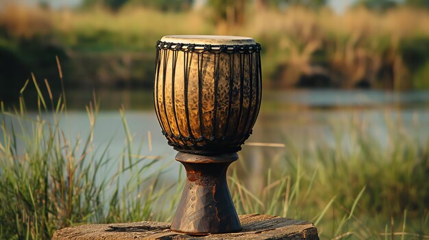 Foto een prachtige opname van een traditionele afrikaanse djembe-trommel die buiten op een houten stomp zit