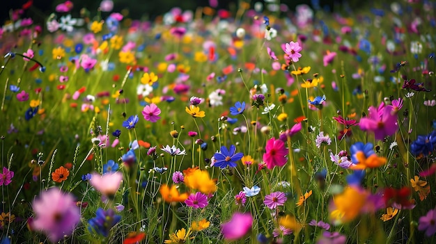 Een prachtige opname van een veld van wilde bloemen in volle bloei de bloemen zijn een verscheidenheid aan kleuren waaronder roze paars blauw en geel