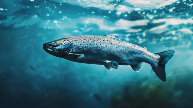 Foto een prachtige opname van een zalm die in de diepblauwe oceaan zwemt.