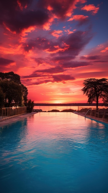 Foto een prachtige opname van een zwembad bij zonsondergang met warme sinaasappels en roze reflecterend op het water
