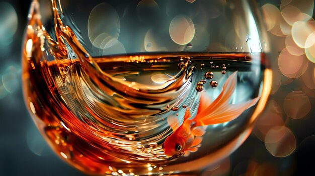 Foto een prachtige oranje goudvis zwemt in een glas water. het water is helder en reflecteert het licht en creëert een prachtig visueel effect.