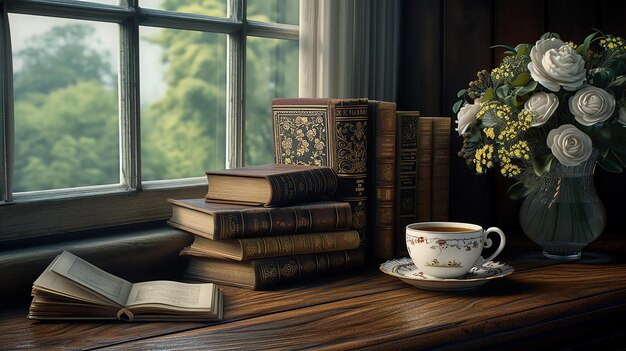 Foto een prachtige rangschikking van boeken en bloemen op een houten tafel bij het raam de boeken zijn oud en stoffig en de bloemen zijn fris en kleurrijk