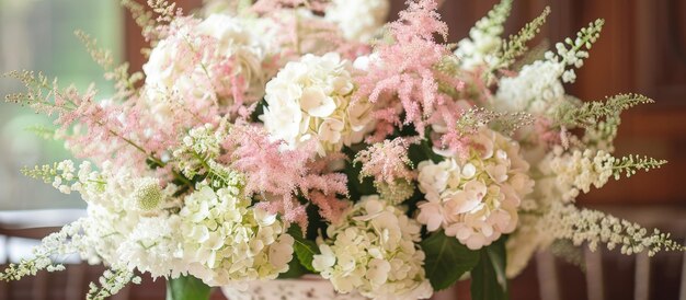 Een prachtige rangschikking van witte hortensia's en roze astilbe tentoongesteld binnen gezien van dichtbij