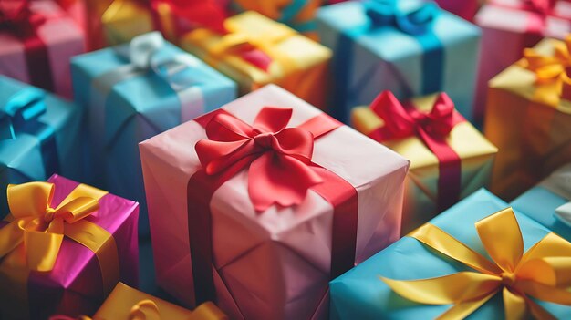 Een prachtige reeks kleurrijke verpakt geschenken met rode gele en blauwe linten Perfect voor een verjaardag of een speciale gelegenheid