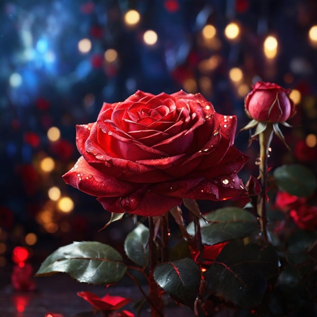 Een prachtige rode magische roos met magische lichten op de achtergrond.