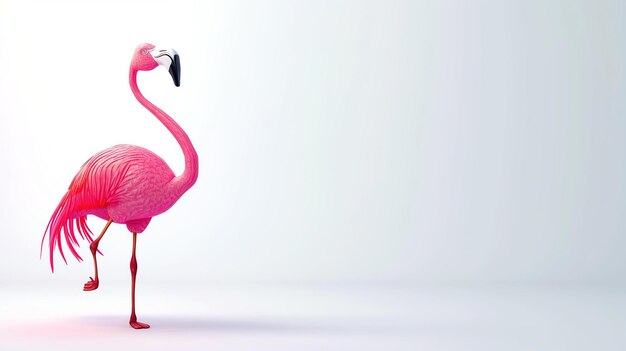 Een prachtige roze flamingo staat op één been in een witte leegte de flamingo kijkt naar links van het frame