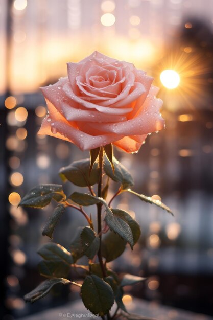 Een prachtige roze roos met glinsterende waterdruppels