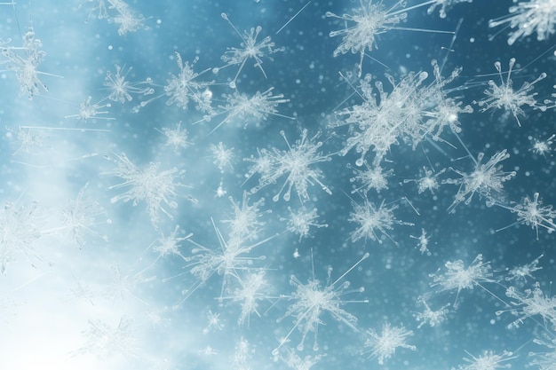 Een prachtige sneeuwvlokje staat op in het midden van een serene blauwe hemel en creëert een opvallend winterscene bevroren in de tijd een stortvloed van abstracte sneeuw vlokken die vallen AI gegenereerd