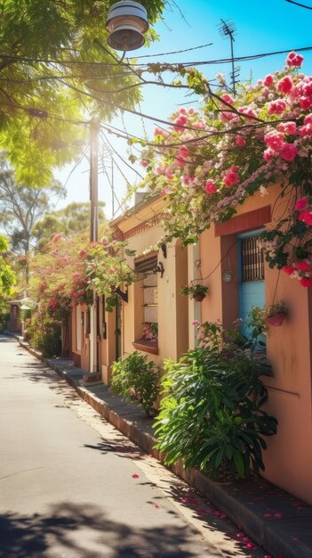 Een prachtige straat met kleurrijke bloemen en huizen.