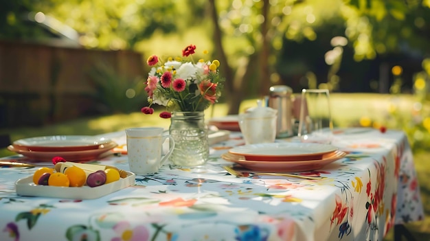 Een prachtige tafel opgesteld voor een tuinfeest de tafel is bedekt met een bloemen tafellak en er zijn bloemen in een vaas in het midden