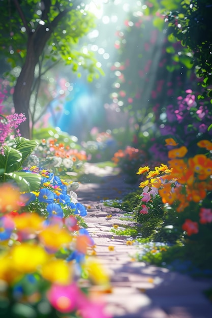 Een prachtige tuin een pad met kleurrijke bloemen een droomachtige achtergrond