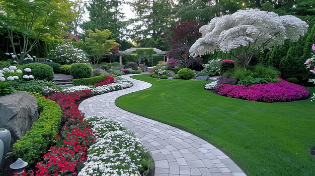 Een prachtige tuin met een wit bakstenen pad en een witte boog