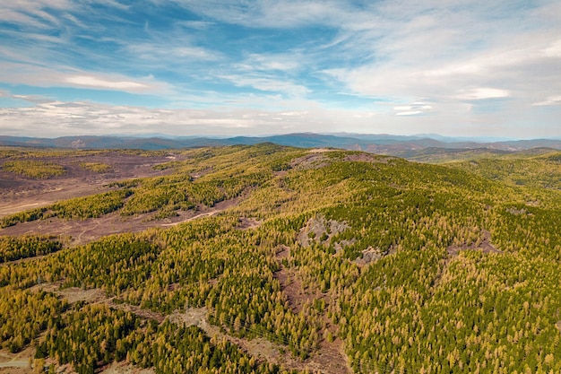 Een prachtige uitgestrekte bosvallei met een enorm aantal bomen met een luchtfoto onder een blauwe lucht met verschillende wolken.