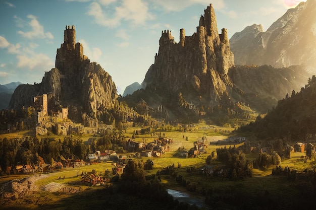 Een prachtige vallei, oude middeleeuwse fantasiestad en kasteelconceptkunst