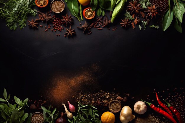 Een prachtige verscheidenheid aan specerijen en kruiden op een zwarte achtergrond met lege ruimte voor tekst of etiket