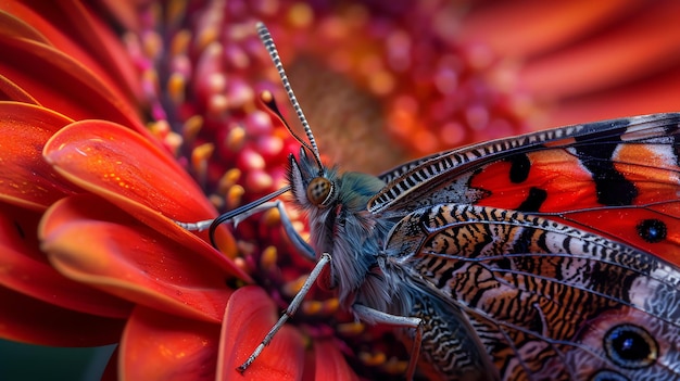 Foto een prachtige vlinder met levendige rood-oranje en zwarte vleugels zit op een rode bloem