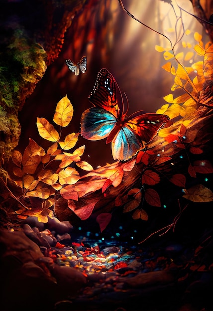 Een prachtige vlinder vliegt over de herfstbladeren Herfstlandschap met een vlinder