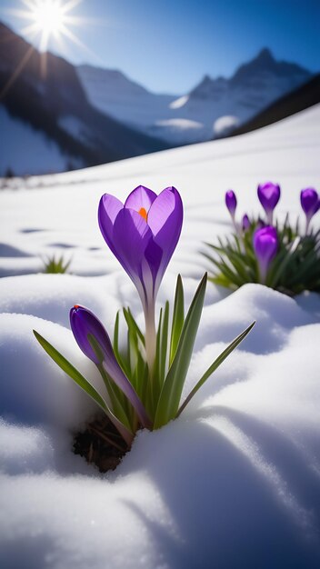 Een prachtige voorjaarscrocusbloem spruit uit de sneeuw op een achtergrond van zonnige besneeuwde bergen