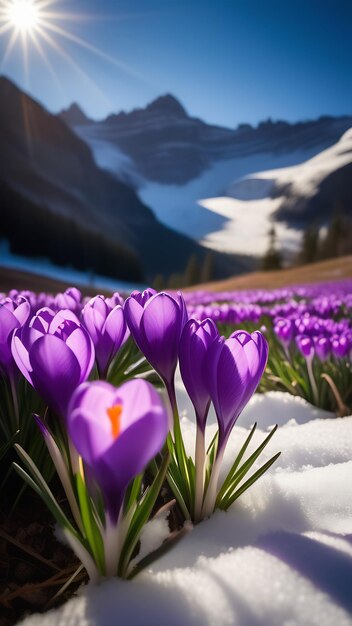 Een prachtige voorjaarscrocusbloem spruit uit de sneeuw op een achtergrond van zonnige besneeuwde bergen