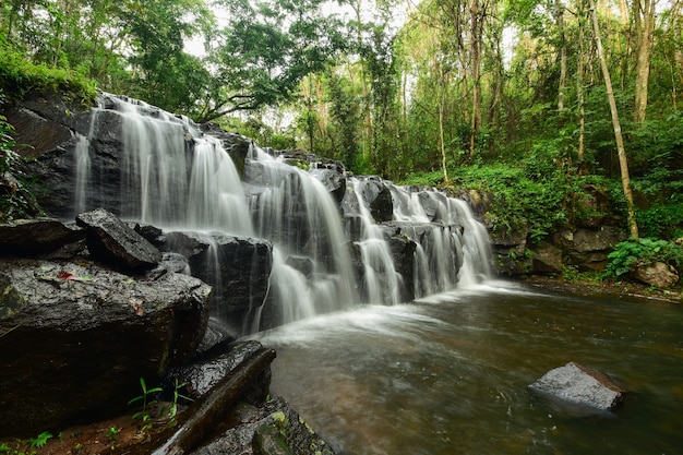 Een prachtige waterval die afdaalt vanaf de top van de berg.