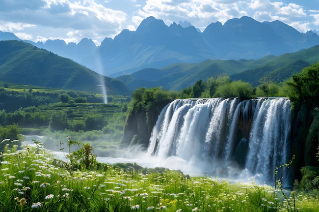 Een prachtige waterval in een tropisch bos met een blauwe hemel en witte wolken.