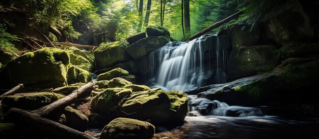 Foto een prachtige waterval in het zonlicht.