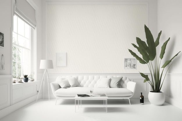 Foto een prachtige weergave van een kamer met een wit pantone-decor en kleurrijke meubels