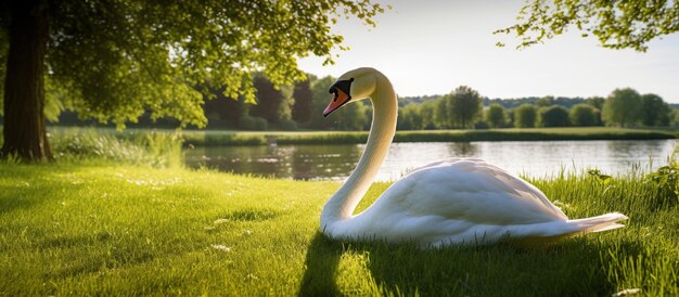 Foto een prachtige witte zwaan zwemt langs een smal kanaal tegen de achtergrond van de roze zonsondergang zon