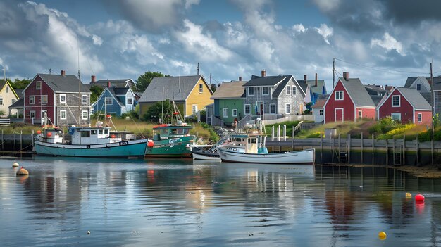 Een prachtige zomerdag in een klein vissersdorp De kleurrijke huizen en boten creëren een schilderachtig schouwspel