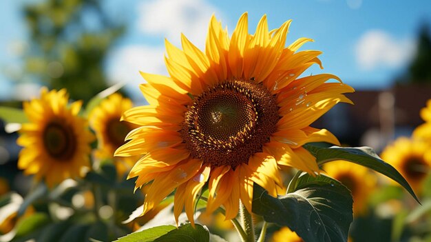 Een prachtige zonnebloem met groene bladeren met zonlicht effect achter de bloem met blauwe lucht