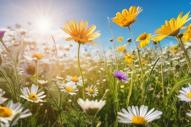 Een prachtige zonovergoten lente zomer weide Natuurlijke kleurrijke panoramische landschap met veel wilde