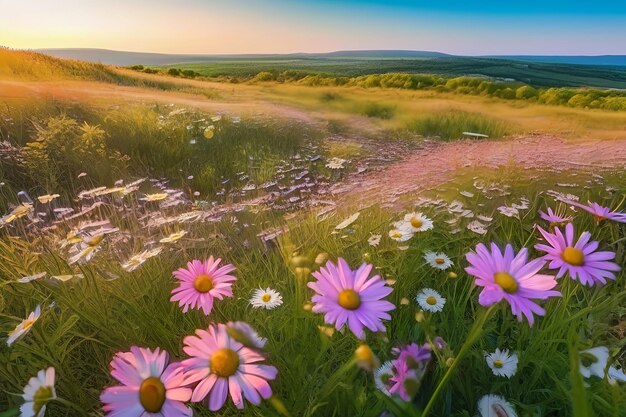 Een prachtige zonovergoten lente zomer weide Natuurlijke kleurrijke panoramische landschap met veel wilde