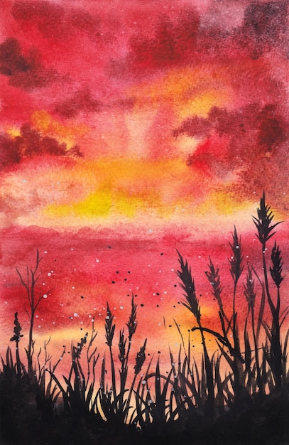 een prachtige zonsondergang landschap aquarel schilderij achtergrond